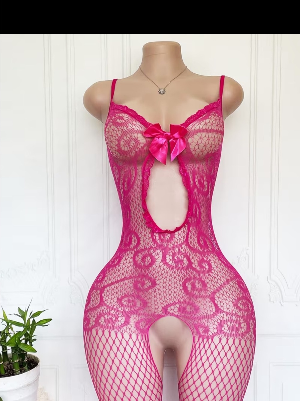 Fuchsia Lace Open-Front Chemise with Satin plus size